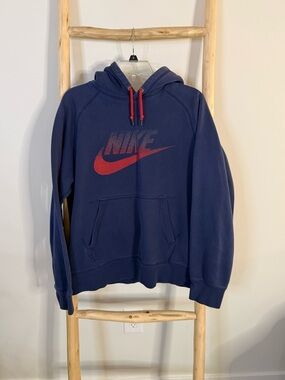 Nike Men's Navy Hoodie with Red Swoosh